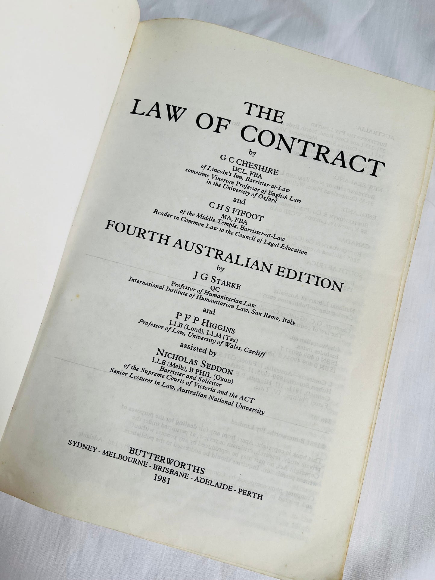 Cheshire and Fifoot Law of Contract, G. C. Cheshire - 4th Aus Ed. 1980 (Est $80-$100)